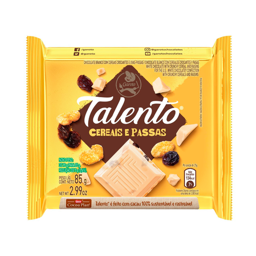 Garoto Talento White Chocolate Crunchy Cereal and Raising/Cereais e Passas 85 Gr